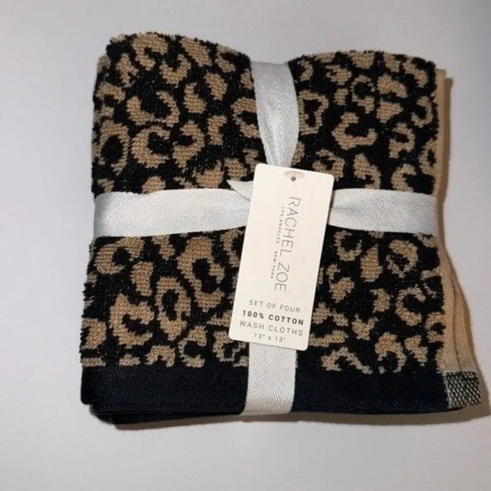 NWT Rachel Zoe 8 Piece 100% Cotton Bath Towel Set Black Tan Leopard Animal Print